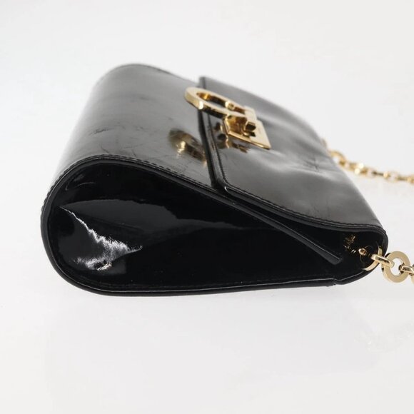 Salvatore Ferragamo Chain Gancini Shoulder Bag Enamel Black Gold Auth 142666 - Picture 6 of 16